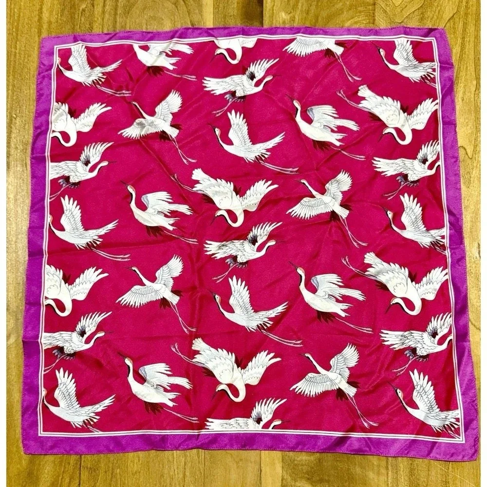 Vintage Pink Flying Cranes Square Neck Scarf Silky 21